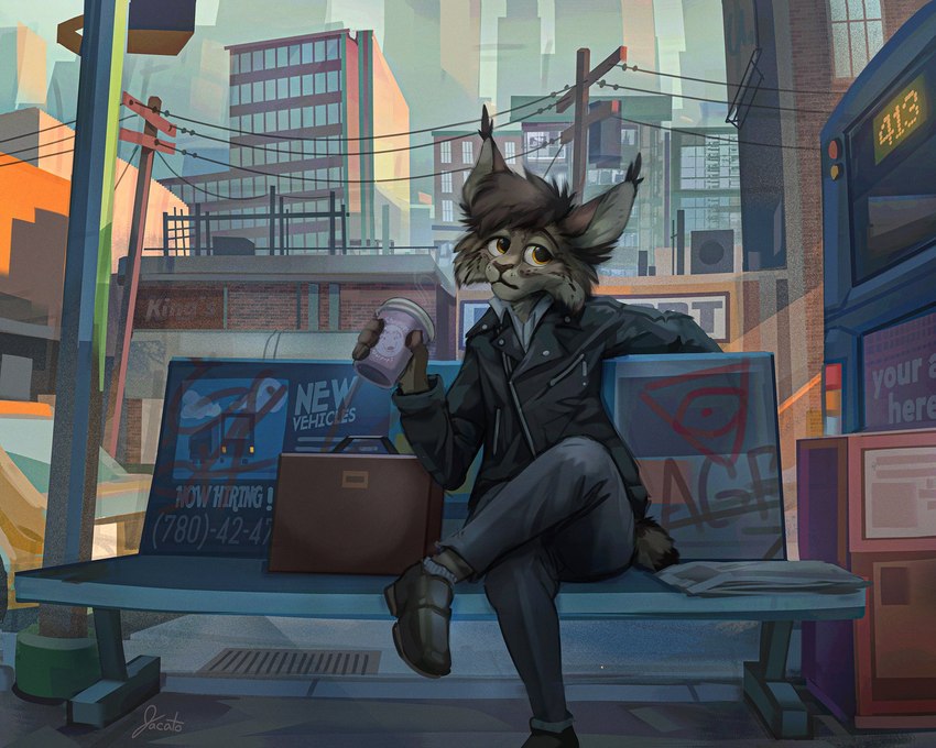 4_fingers amber_eyes anthro bench beverage biped black_clothing black_footwear black_jacket black_shoes black_topwear bottomwear briefcase brown_body brown_briefcase brown_fur brown_nose building bus cable car cheek_tuft city cityscape clothed clothing coffee_cup commercial_vehicle container countershade_face countershading crossed_legs cup day detailed_background ear_tuft eyebrows facial_tuft fingers footwear fully_clothed fur graffiti grey_bottomwear grey_clothing grey_pants head_tuft holding_beverage holding_coffee_cup holding_container holding_cup holding_disposable_cup holding_object jacket looking_aside male motor_vehicle newspaper number outside pants pawpads phone_number plantigrade public_transportation shoes sitting skyscraper solo tan_body tan_countershading tan_fur tan_inner_ear taxicab text topwear tuft urban utility_pole vehicle vehicle_for_hire window wire zipper jacato felid feline lynx mammal 2021 character_request digital_media_(artwork) digital_painting_(artwork) english_text hi_res signature