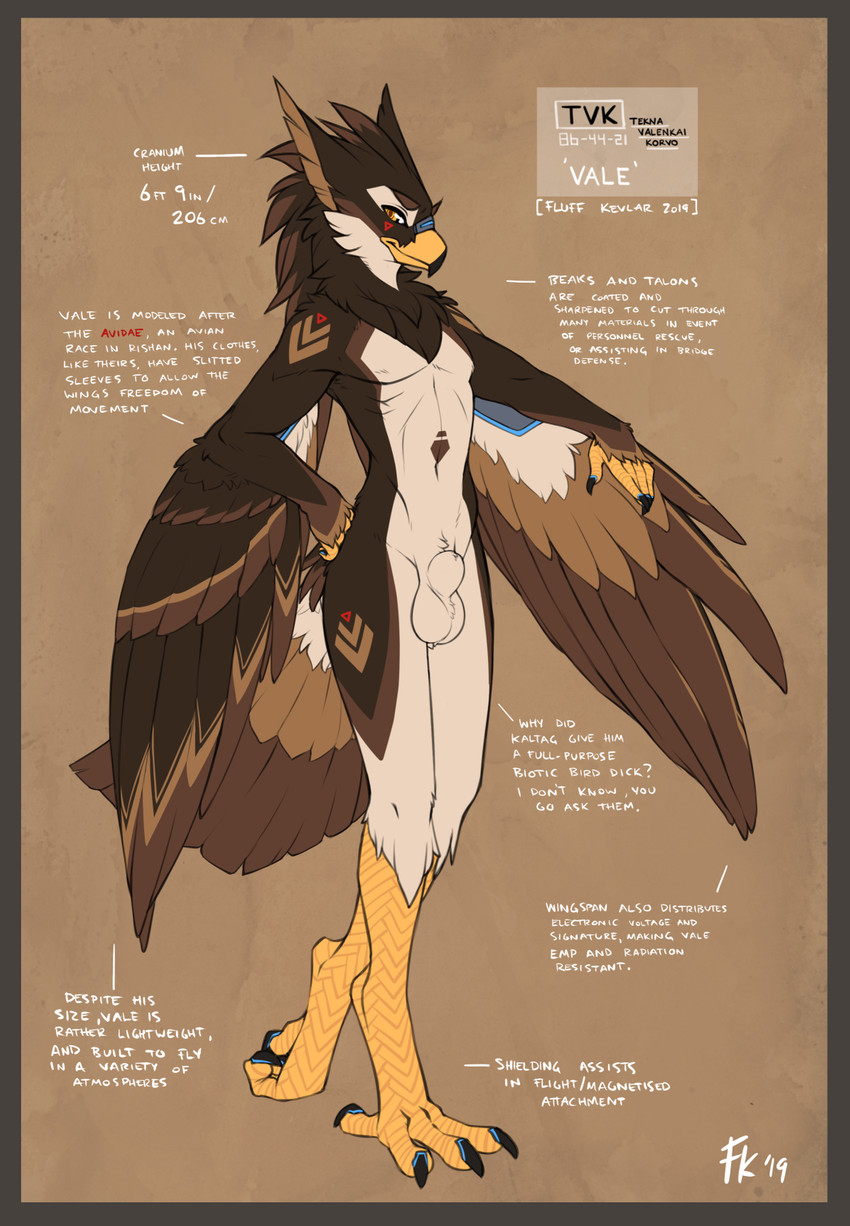 4_toes animal_genitalia anisodactyl anthro avian_feet ball_tuft balls beak big_ears bird_legs black_claws border brown_background brown_body brown_feathers claws detached_sheath eyebrows feathers feet fully_sheathed fur genitals looking_at_viewer machine male mane markings nude orange_border sheath simple_background skinny solo tall talons tan_body tan_fur toes tuft white_balls white_sheath wings yellow_eyes conditional_dnp fluff-kevlar vale_(fluff-kevlar) android avian robot 2019 dated digital_media_(artwork) hi_res model_sheet signature