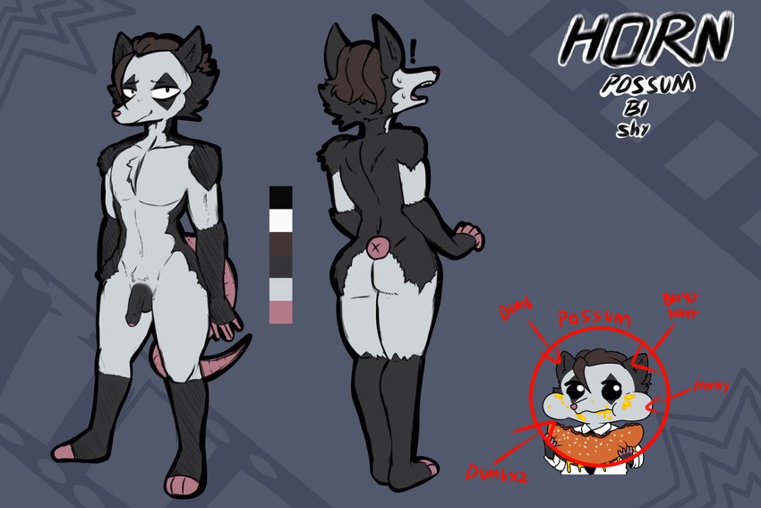 anthro black_body black_fur bodily_fluids brown_hair burger butt eating exclamation_point food foreskin fur genitals hair male multicolored_body penis simple_background solo surprise sweat sweatdrop tail text two_tone_body white_body white_fur omegamax horn_(omegamax) american_opossum mammal marsupial 3:2 english_text hi_res meme model_sheet