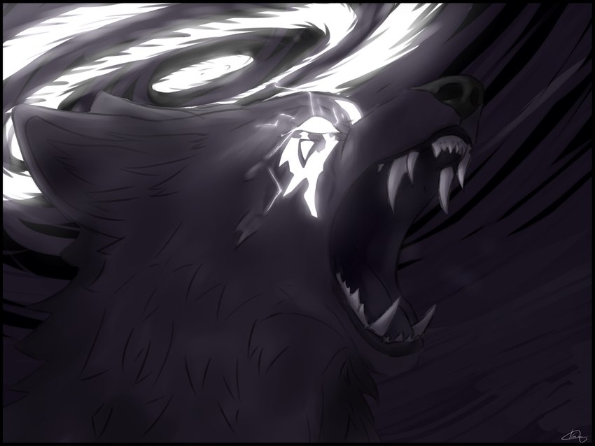 anthro beam black_body black_fur bright_eyes fur halo light male open_mouth solo white_eyes yelling kamihzz archangel canid canine canis mammal wolf 4:3 absurd_res hi_res