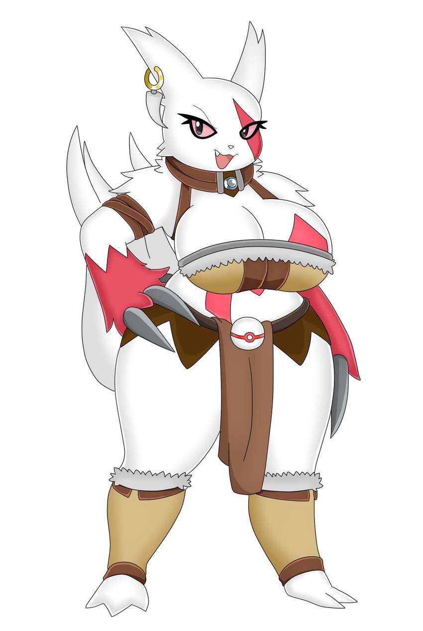 anthro armwear big_breasts bottomwear breasts claws clothing collar ear_piercing ear_ring female huge_breasts legwear piercing pink_eyes pokeball premier_ball pupils ring_piercing shirt simple_background skirt solo tail teeth topwear tunic white_background white_body urusee584 nintendo pokemon generation_3_pokemon mammal pokemon_(species) zangoose hi_res