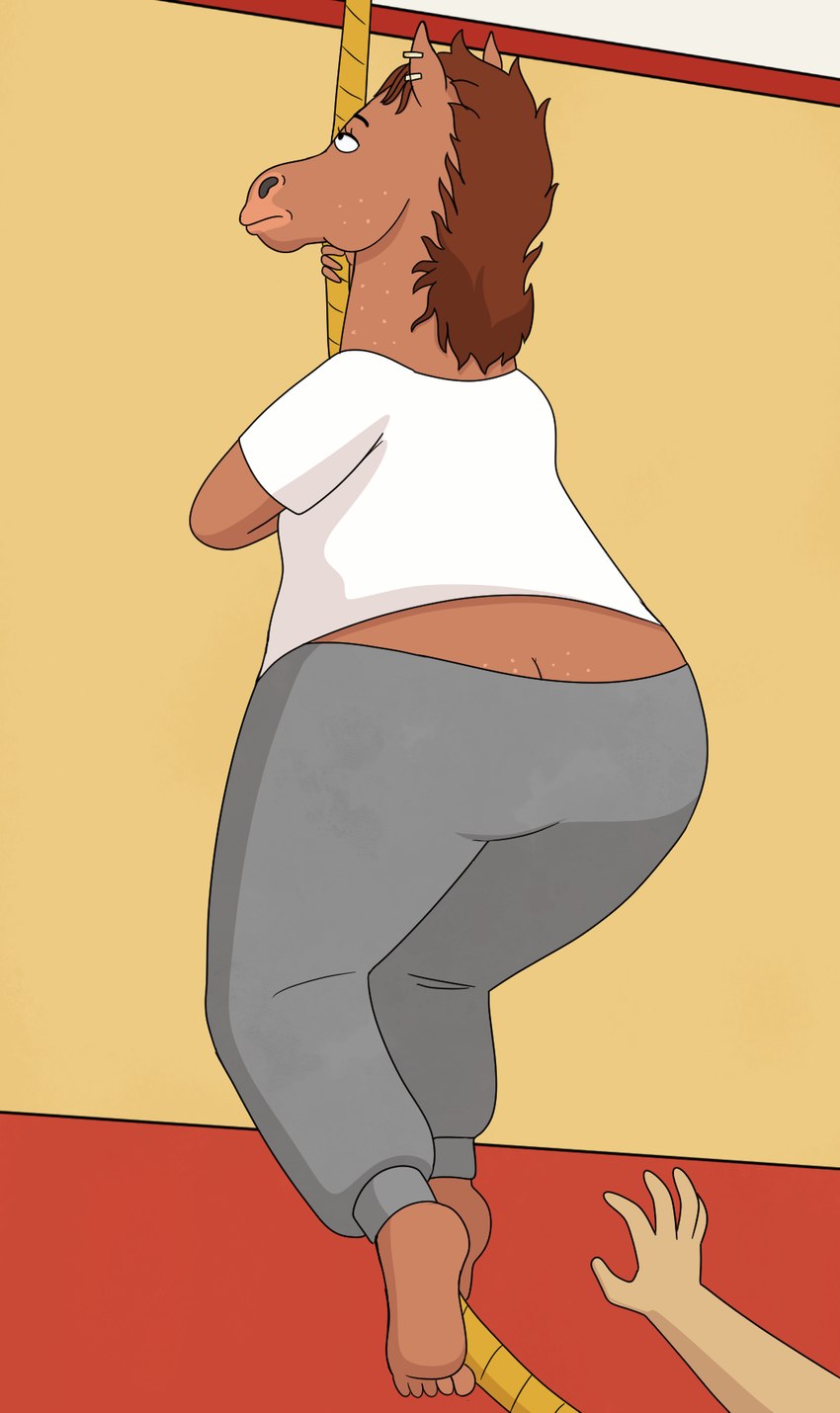 ambiguous_gender anthro brown_body brown_fur butt butt_cleavage climbing disembodied_hand duo ear_piercing ear_ring feet female female_focus fur piercing rear_view ring_piercing slightly_chubby solo_focus impstripe bojack_horseman netflix hollyhock_(bojack_horseman) equid equine horse mammal 2023 hi_res