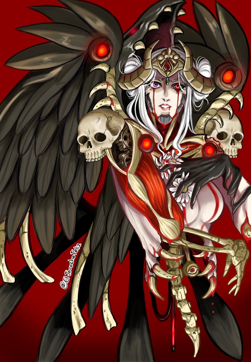 black_sclera blood bodily_fluids bone breasts crown crying_blood exposed_bone exposed_muscle eyelashes feathered_wings feathers featureless_breasts female gear grey_body grey_feathers hair headgear human_skull legless looking_at_viewer purple_eyes red_background red_eyes simple_background skull solo spine tan_body tan_skin white_hair wings eljarochofeliz fire_emblem fire_emblem_three_houses nintendo edelgard_von_hresvelg hegemon_edelgard humanoid monster monstrous_humanoid winged_humanoid absurd_res hi_res