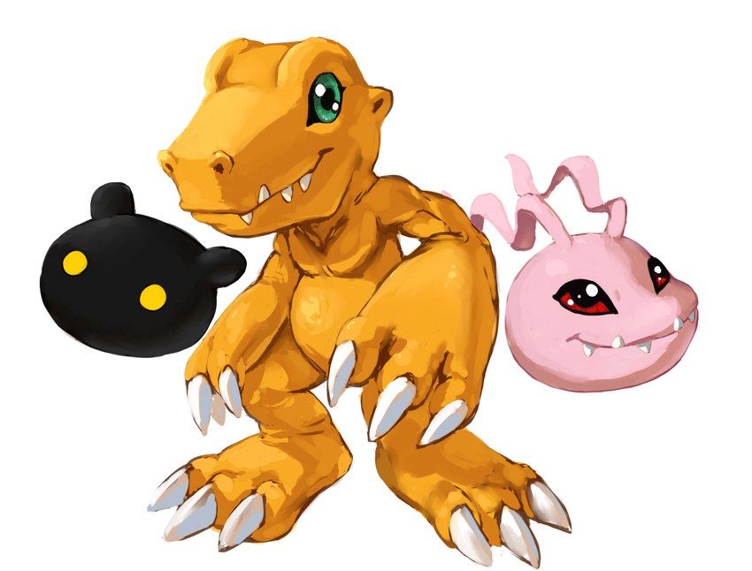 3_fingers 3_toes ambiguous_gender barefoot claws feet fingers green_eyes group nude orange_body paws plantigrade red_eyes sharp_teeth simple_background smile teeth toe_claws toes trio white_background yellow_eyes soihtuss bandai_namco digimon agumon botamon digimon_(species) koromon 2014 hi_res