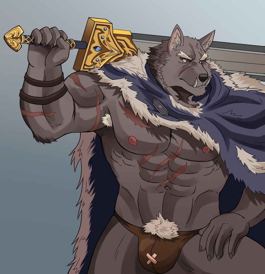 abs anthro armband armpit_hair barazoku biceps big_bulge big_muscles body_hair bulge cape claws clothing eyebrows fur grey_background holding_melee_weapon holding_object holding_sword holding_weapon huge_muscles male melee_weapon muscular muscular_anthro muscular_male navel nipples obliques pecs pubes scar simple_background solo standing sword teeth thong tuft underwear weapon naikuma elden_ring fromsoftware blaidd_(elden_ring) canid canine canis mammal wolf 2022 absurd_res hi_res