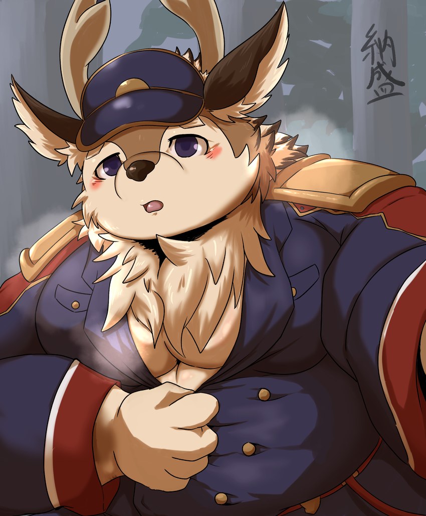 anthro belly big_belly biped blush brown_body brown_fur clothed clothing fur hat headgear headwear humanoid_hands kemono male moobs overweight overweight_male solo yamatoji201 tamacolle kazusa deer mammal 2022 absurd_res hi_res