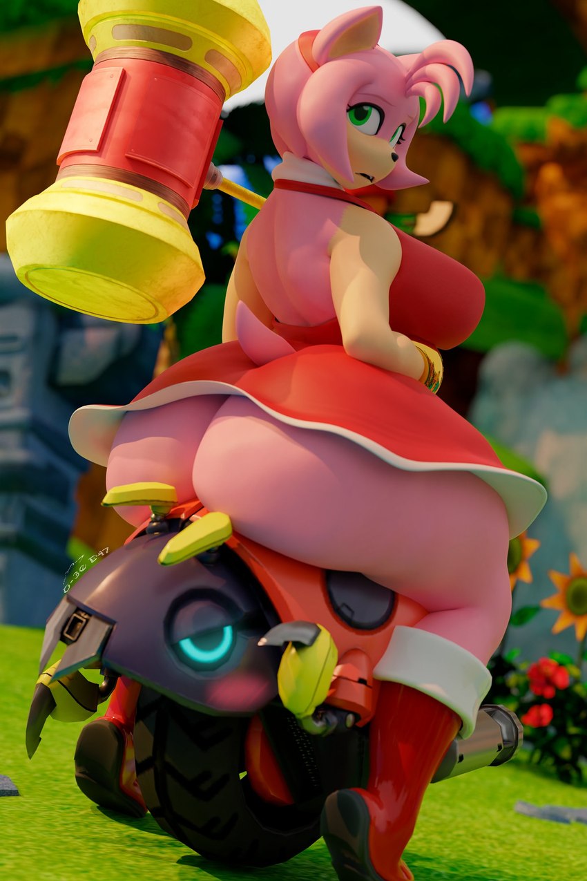 ambiguous_gender anthro big_breasts big_butt blush breasts butt clothed clothing dress duo female grass green_eyes hammer looking_back maul outside plant tools geodat64 sega sonic_the_hedgehog_(series) amy_rose warfare_amy eulipotyphlan hedgehog mammal motobug 2:3 3d_(artwork) digital_media_(artwork) hi_res