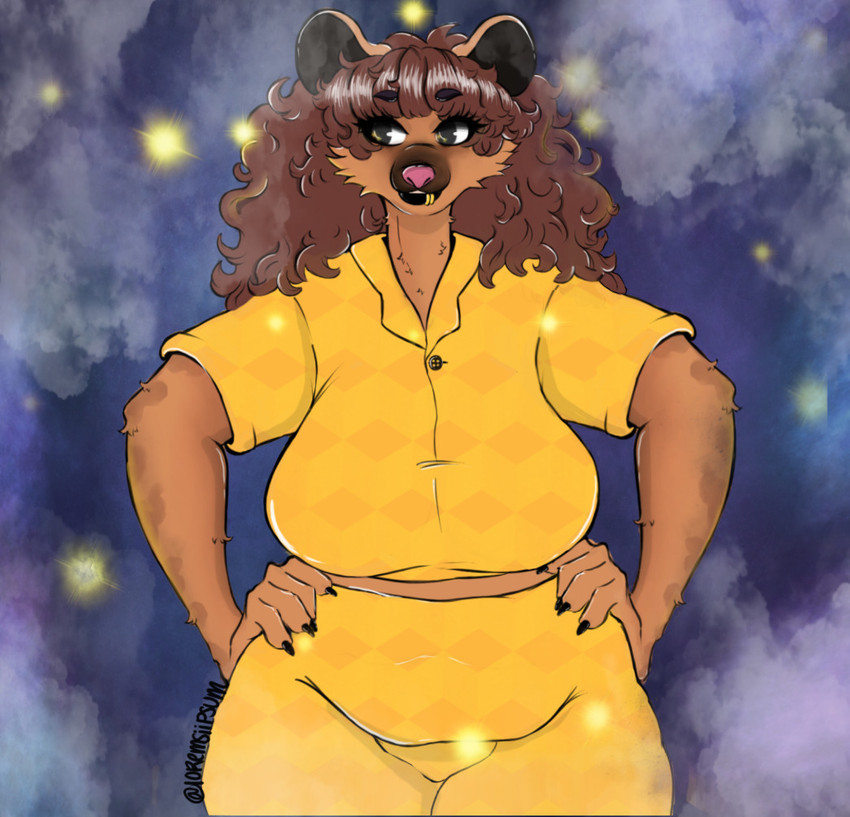 anthro big_breasts black_eyes breasts brown_body brown_fur brown_hair clothed clothing curled_hair curvy_figure detailed_background facial_piercing female fog fur hair hands_on_hips lip_piercing long_hair markings mature_anthro mature_female nails outside pajamas piercing slightly_chubby slightly_chubby_anthro slightly_chubby_female smile solo spots spotted_body spotted_fur thick_thighs voluptuous wavy_hair wide_hips loremsiipsum_(artist) kiera_southpaw ambient_arthropod ambient_insect arthropod beetle elateroid firefly hyena insect mammal spotted_hyena 2021 colored detailed digital_drawing_(artwork) digital_media_(artwork) watermark