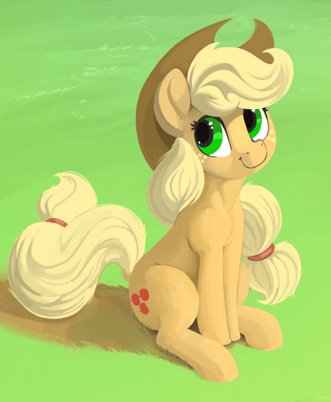 brown_hair clothing cutie_mark female feral fur grass green_background green_eyes hair hat headgear headwear hooves orange_body orange_fur plant simple_background sitting smile solo dimfann friendship_is_magic hasbro my_little_pony applejack_(mlp) equid mammal 2018 absurd_res digital_media_(artwork) hi_res