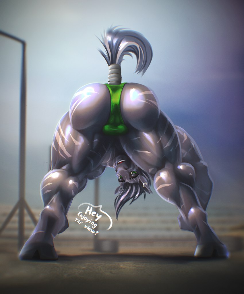 anthro balls_outline big_muscles bottomwear bulge butt clothing detailed_bulge dialogue digitigrade ear_piercing genital_outline hooves huge_muscles huge_thighs looking_at_viewer looking_back looking_back_at_viewer male muscular muscular_anthro muscular_butt muscular_male muscular_thighs piercing smile solo speech_bubble stretching talking_to_viewer thick_thighs rizzyofen rizzy_stripe equid equine mammal zebra absurd_res hi_res