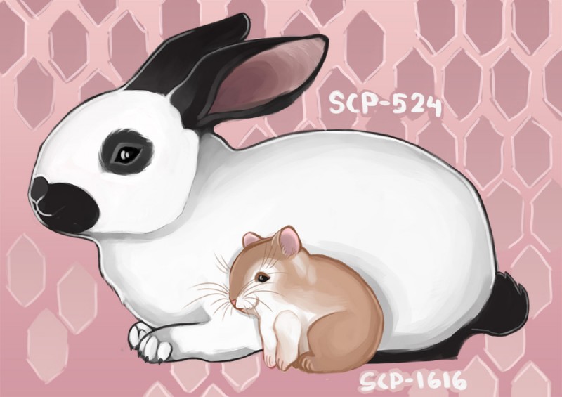 ambiguous_gender black_body black_fur brown_body brown_fur duo feral fur pink_background simple_background white_body white_fur harvestlocks scp_foundation scp-1616 scp-524 cricetid golden_hamster hamster lagomorph leporid mammal rabbit rodent