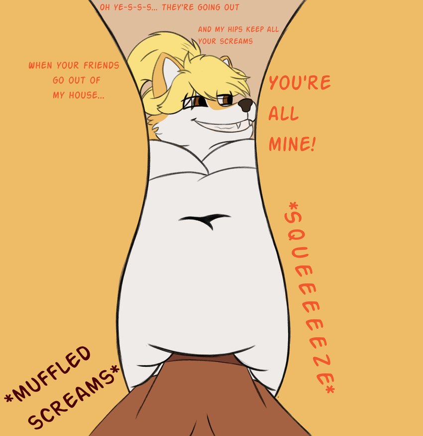 anthro anthro_pred belly between_legs blonde_hair breasts dialogue dominant dominant_female duo female hair low-angle_view male male/female overweight overweight_female size_difference smile view_between_legs vore weks wide_hips weksoida jen_(scottc) canid canine canis domestic_dog fox mammal absurd_res comic digital_media_(artwork) hi_res