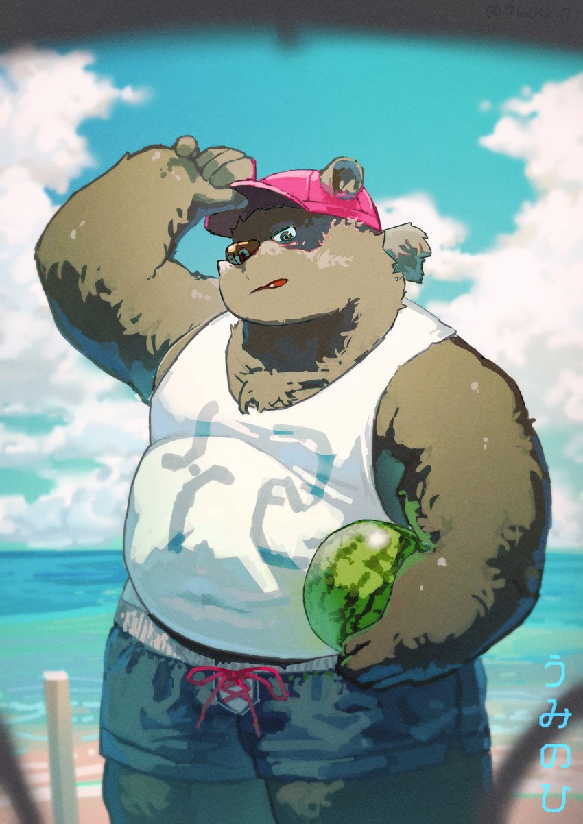 anthro beach belly big_belly black_nose bodily_fluids bottomwear brown_body clothing cloud food fruit hat headgear headwear humanoid_hands kemono male melon outside overweight overweight_male plant seaside shirt shorts solo sweat swimwear topwear water watermelon 7gaku_7 bear mammal 2022 hi_res