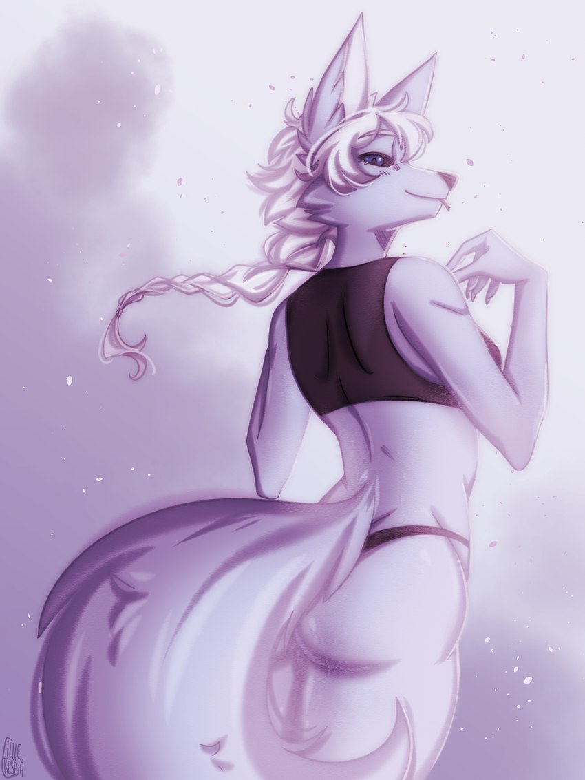 anthro big_tail black_clothing blue_eyes butt clothing female hair ponytail smile solo tail tongue tongue_out ei-tule-kesaa alice_destiny arctic_fox canid canine fox mammal true_fox 3:4 absurd_res hi_res