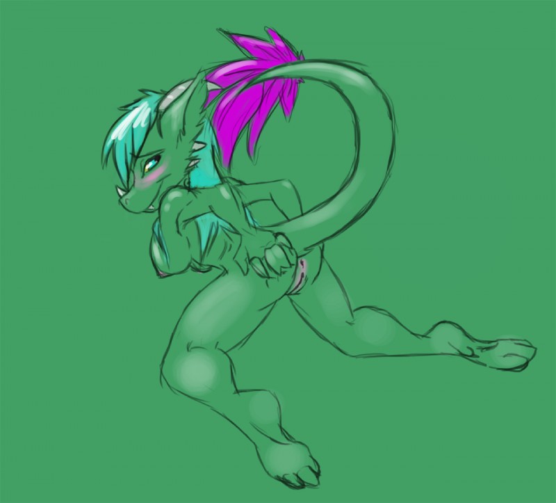 anthro anus biped blue_eyes blue_hair blush breasts butt fangs feathers female genitals green_background green_body hair horn looking_at_viewer looking_back nipples non-mammal_breasts non-mammal_nipples nude purple_body purple_feathers pussy raised_tail simple_background solo tail teeth thecrappiestguy mythology drakeniea_tearfall dragon feathered_dragon feathered_scalie mythological_creature mythological_scalie scalie 2012 green_theme sketch