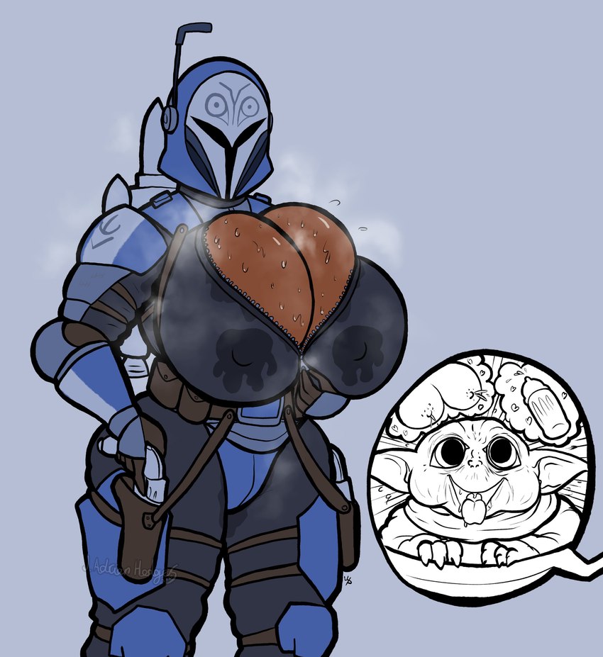 accessory armor baby_bottle bag big_breasts biped blaster bodily_fluids breast_squish breasts brown_body brown_skin clothing duo female genital_fluids gun headgear helmet holster huge_breasts hungry jet_pack lactating lactating_through_clothing mandalorian milk montgomery_glands musk nipples not_furry open_mouth pussy_juice_through_clothing ranged_weapon science_fiction simple_background squish standing suit sweat sweaty_breasts thought_bubble three-quarter_view tongue tongue_out topwear vaginal_fluids weapon wet wet_clothing young zipper wittless-pilgrim star_wars the_mandalorian din_grogu human humanoid mammal yoda's_species absurd_res colored digital_drawing_(artwork) digital_media_(artwork) hi_res multiple_scenes signature watermark