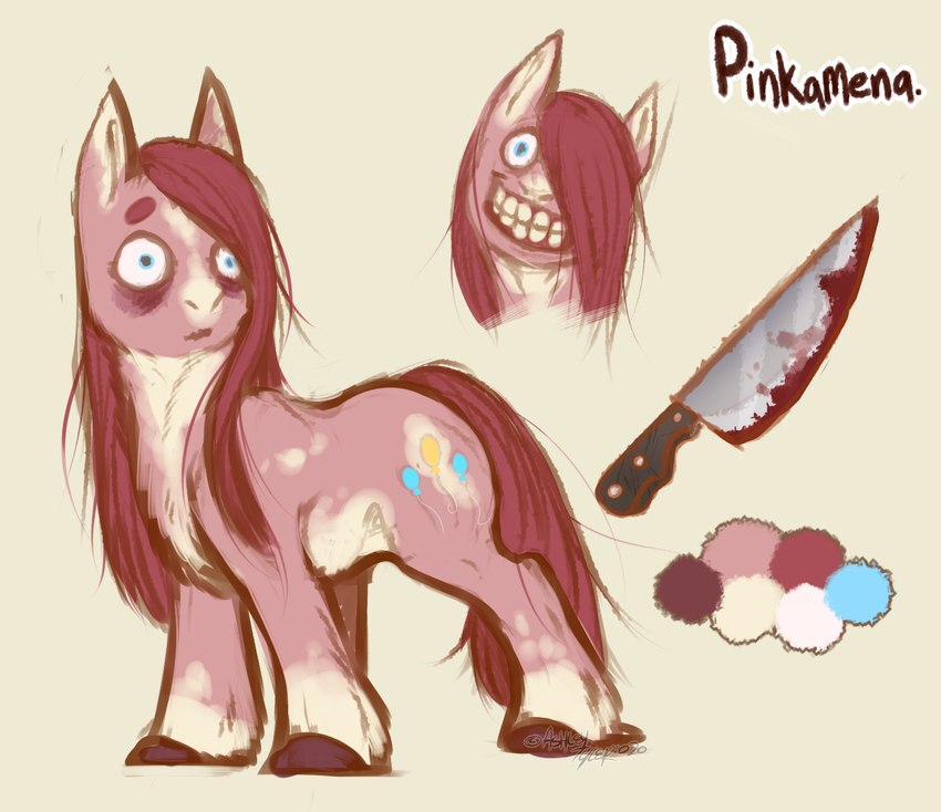 alternate_form ambiguous_gender blood blood_on_weapon blue_eyes bodily_fluids countershade_fur countershade_torso countershading cutie_mark feral fur hair hooves knife light_body mane pink_body pink_fur pink_mane pink_tail pointy_ears prick_ears solo straight_hair tail toothy_grin weapon white_body white_countershading wide_eyed funnymouth cupcakes_(mlp_fanfic) friendship_is_magic hasbro my_little_pony pinkamena_(mlp) pinkamena_diane_pie pinkie_pie_(mlp) equid equine horse mammal pony hi_res