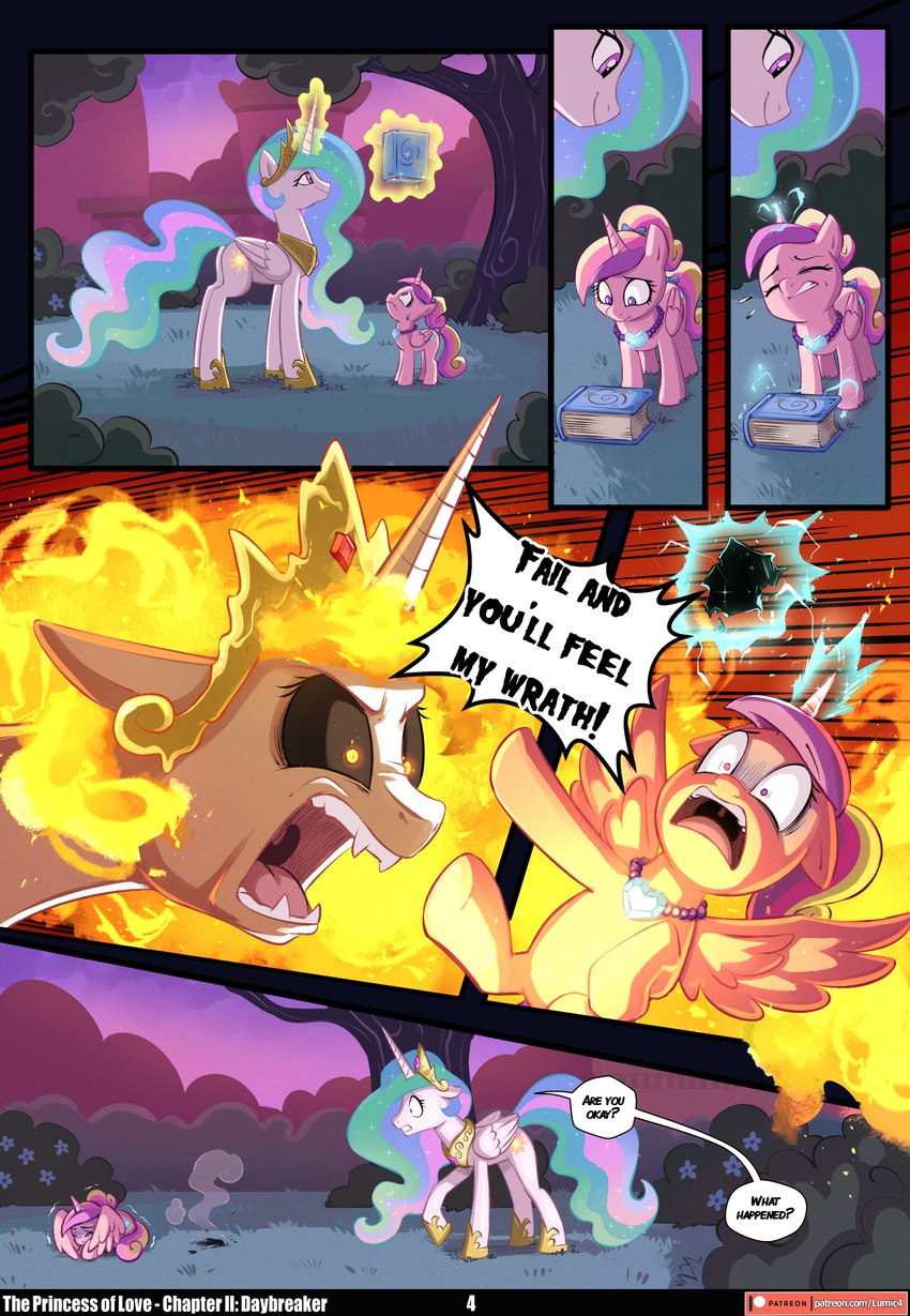 age_difference angry ashes ashes_(object) bipolar blue_blush blue_glow blue_light blue_lighting blush book canterlot concern cowering crown crystal crystal_necklace cutie_mark destroyed dialogue duo ears_down ears_up eyes_closed feathers female feral fire flaming_hair flaming_mane flower folded_wings glowing glowing_horn hair headgear heart_symbol hooves horn jewelry levitating levitating_object light long_horn looking_down looking_up magic mane multicolored_hair multicolored_mane multicolored_tail necklace older_female orange_glow outside pivoted_ears plant pseudo_hair pseudo_mane raised_hoof raised_leg regalia scared scorch_mark sharp_teeth shrub sky smile smoke spread_wings standing straining student tail teacher teacher_and_student teaching teeth text transformation tree wide_eyed wings yelling yelling_at_another younger_female asura-00 chilllum friendship_is_magic hasbro my_little_pony mythology daybreaker_(mlp) princess_cadance_(mlp) princess_celestia_(mlp) equid equine mammal mythological_creature mythological_equine winged_unicorn absurd_res english_text hi_res adopted_(lore) adopted_daughter_(lore) adoptive_mother_(lore)