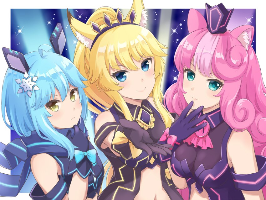 alternative_fashion blonde_hair blue_eyes blue_hair blush breasts clothing cyberpop female fluffy_ears gloves group hair handwear j-fashion long_hair navel pink_hair simple_background trio yellow_eyes machikado07 sanrio show_by_rock!! rararin_(show_by_rock!!) sumomone_(show_by_rock!!) uiui_(show_by_rock!!) animal_humanoid caracal caracal_(genus) caracal_humanoid cat_humanoid domestic_cat felid felid_humanoid feline feline_humanoid felis humanoid lagomorph lagomorph_humanoid leporid leporid_humanoid mammal mammal_humanoid rabbit rabbit_humanoid 4:3 hi_res