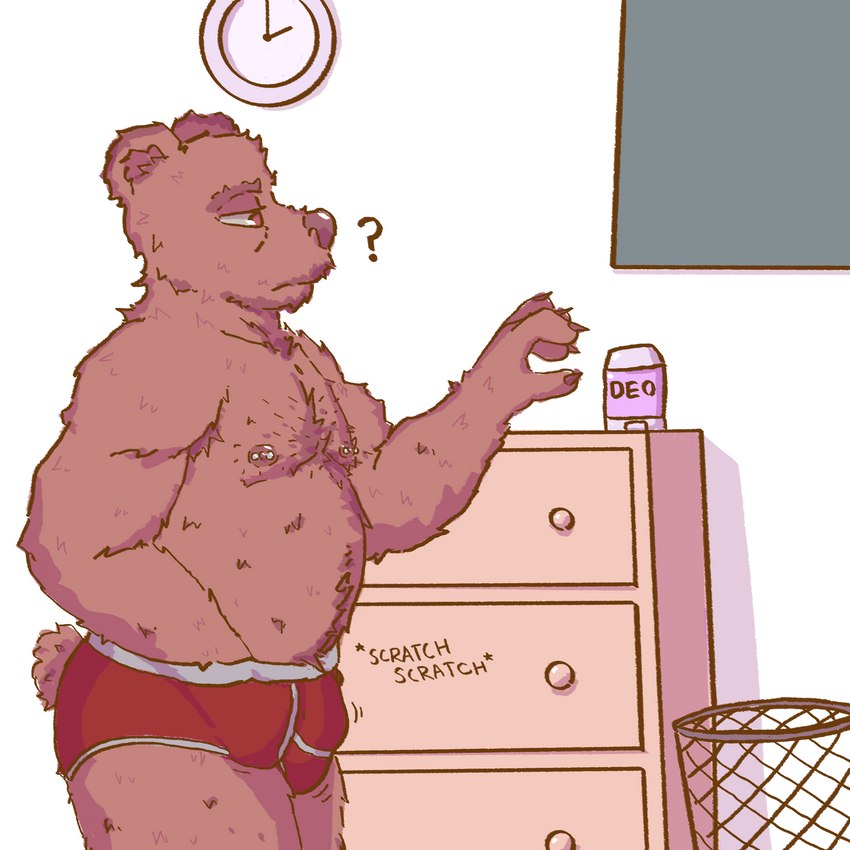 anthro body_hair bulge clothing deodorant male musk nipple_piercing nipples piercing scratching scratching_balls scratching_crotch scratching_self solo underwear muskpit bear mammal 1:1 hi_res