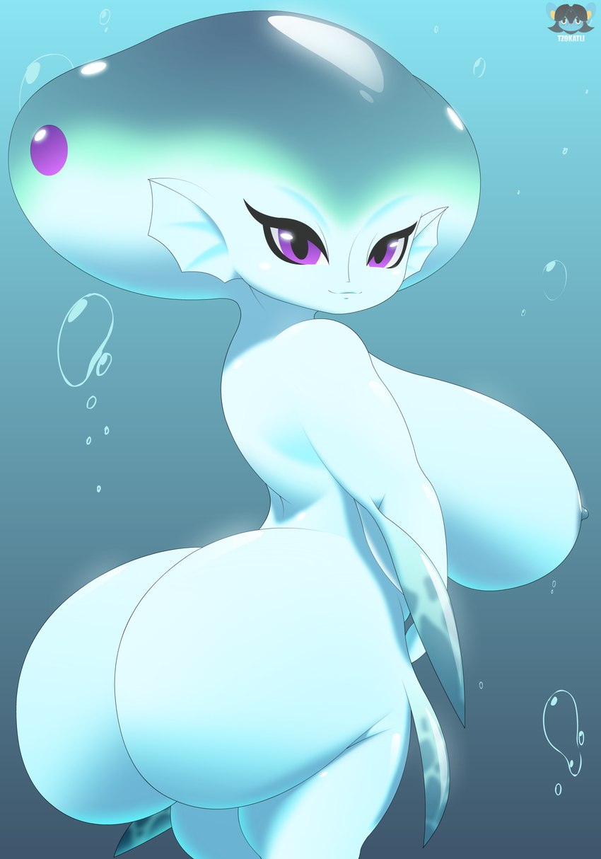 big_breasts big_butt breasts bubble_butt butt female fin huge_breasts short_stack simple_background smile solo tzokatli nintendo ocarina_of_time the_legend_of_zelda princess_ruto humanoid marine zora absurd_res hi_res