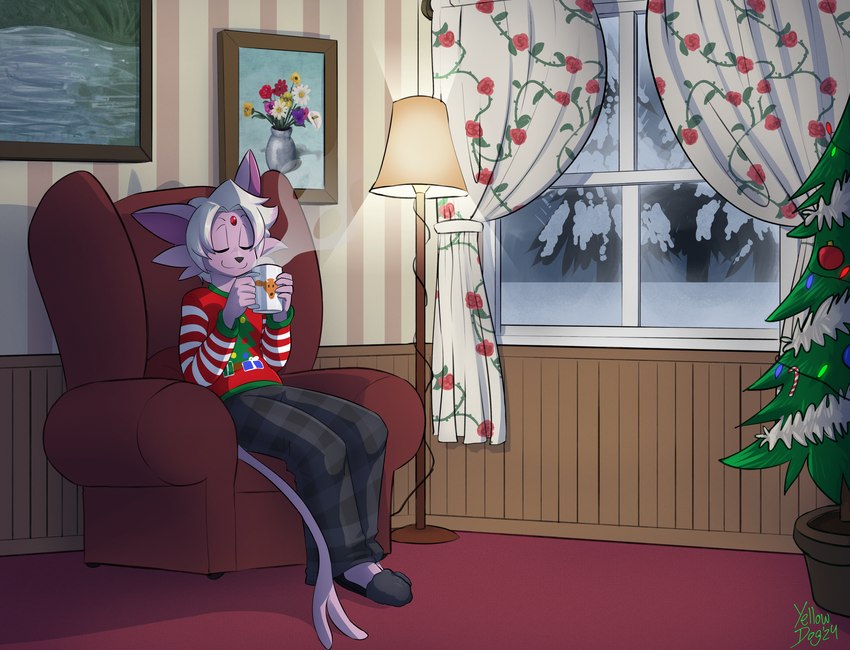 anthro armchair biped chair christmas_clothing christmas_sweater christmas_topwear christmas_tree clothed clothing curtains eyes_closed fingers forehead_gem forked_tail furniture gem hair holidays male plant smile solo sweater tail topwear tree unusual_anatomy unusual_tail window artbyyellowdog christmas nintendo pokemon glazed_(character) eeveelution espeon felid feline generation_2_pokemon mammal pokemon_(species) 2024 hi_res