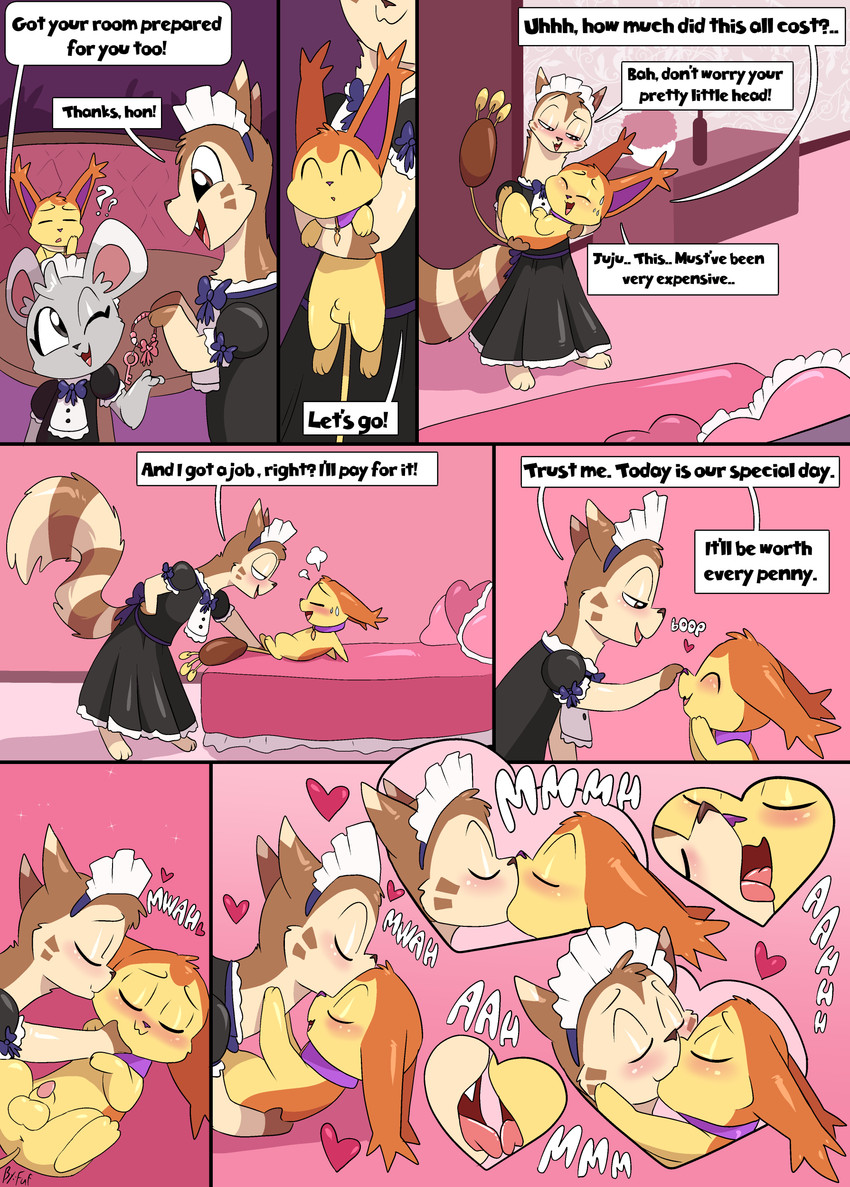 anniversary anthro becoming_erect bed belly blue_body boop brown_body brown_fur clothed clothed/nude clothing dialogue duo french_kissing fur furniture genitals glistening glistening_body glistening_skin grey_body grey_fur hair kissing maid_uniform male male/male nude on_bed onomatopoeia open_mouth restaurant romantic size_difference smile sound_effects tail text uniform yellow_body fuf nintendo pokemon juju_(lightsoul) springleaf_(lightsoul) furret generation_2_pokemon generation_3_pokemon generation_5_pokemon mammal minccino pokemon_(species) skitty 2025 absurd_res artist_name colored comic digital_drawing_(artwork) digital_media_(artwork) english_text hi_res multiple_scenes signature