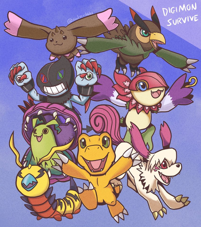 antennae_(anatomy) anthro beady_eyes brown_body brown_feathers brown_fur feathers female feral fur green_body group horn long_ears male white_body white_fur wings owlscribbles bandai_namco digimon digimon_survive agumon_(survive) dracmon_(survive) falcomon_(survive) floramon_(survive) kunemon_(survive) labramon_(survive) lopmon_(survive) syakomon_(survive) agumon avian bird digimon_(species) dracmon falcomon floramon kunemon labramon lopmon syakomon hi_res