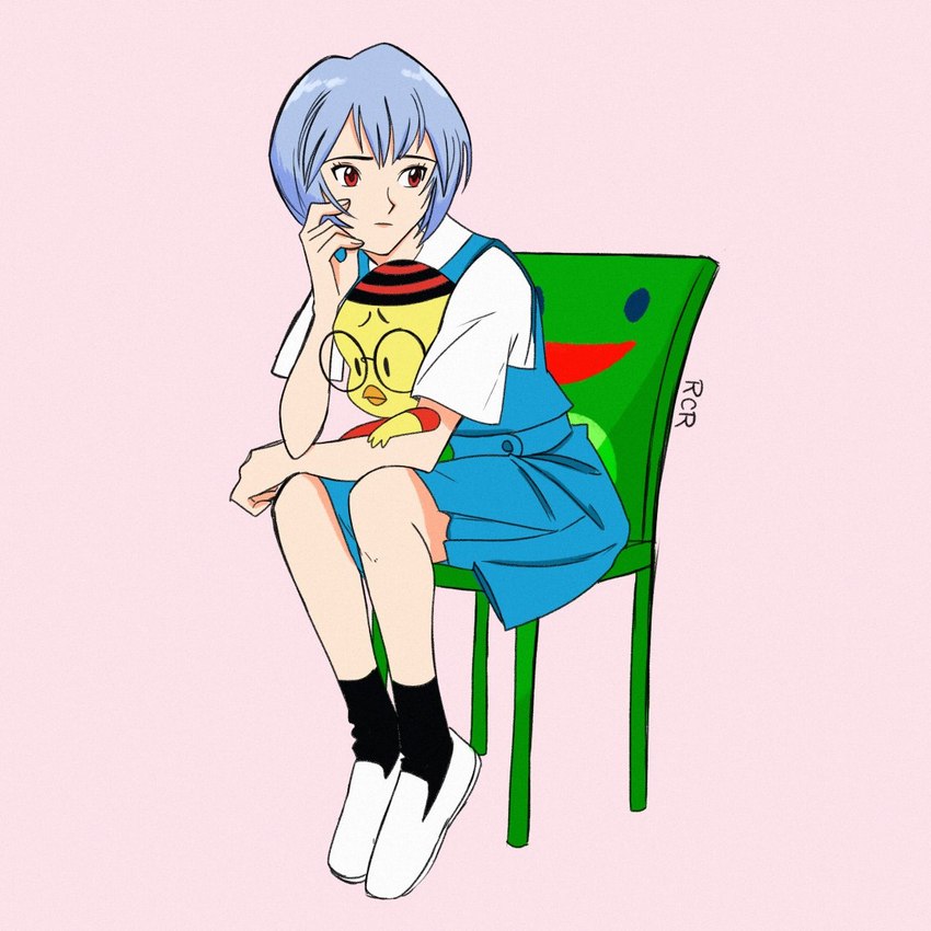 black_clothing black_footwear black_socks blue_hair chair clothing duo eyewear female footwear froggy_chair furniture glasses hair male red_eyes short_hair simple_background sitting socks white_clothing white_footwear rafacr animal_crossing looney_tunes neon_genesis_evangelion nintendo warner_brothers egghead_jr rei_ayanami avian bird chicken galliform gallus_(genus) human mammal phasianid 1:1 crossover