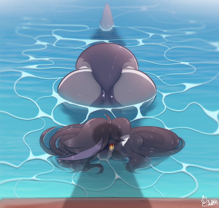 anthro big_butt butt female hair huge_butt hyper hyper_butt looking_at_viewer nude partially_submerged shadow shark_tail solo tail water wet wet_hair bulka_(artist) shalvi_dupont_(bulka) fish marine shark absurd_res digital_media_(artwork) hi_res