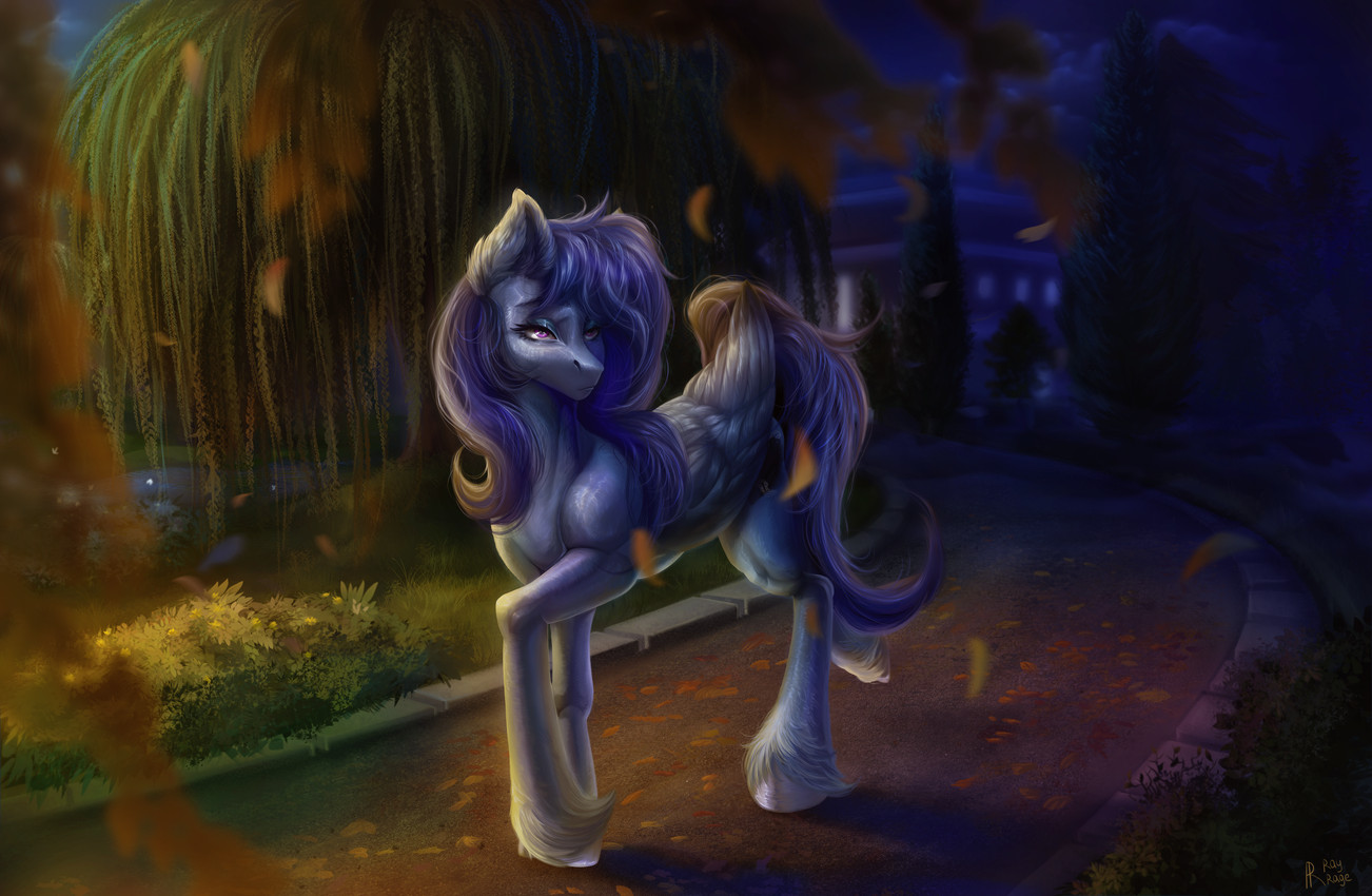 blue_eyebrows blue_hooves blue_mane blue_sky blue_tail building closed_frown cloud cutie_mark eyebrows eyelashes feathered_wings feathering feathers female female_feral feral fern folded_wings frown fur grass hooves leaf lidded_eyes light long_mane long_tail mane mouth_closed night outside path plant purple_eyes quadruped sky solo tail text tree weeping_willow wings rayrage hasbro my_little_pony mythology fan_character equid equine mammal mythological_creature mythological_equine pegasus 2025 absurd_res artist_name colored digital_media_(artwork) digital_painting_(artwork) english_description hi_res lighting painting_(artwork) shaded