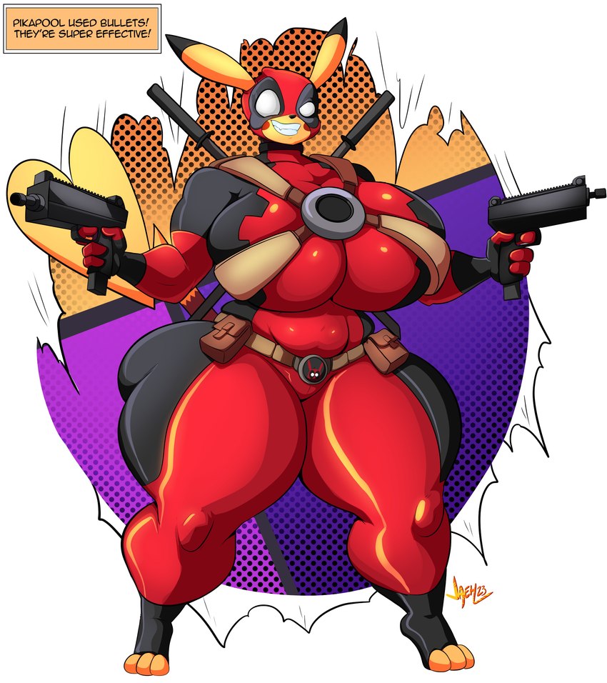 anthro big_breasts breasts clothed clothing cosplay crossover_cosplay female fur huge_breasts mask solo text tight_clothing yellow_body yellow_fur jaeh marvel nintendo pokemon deadpool generation_1_pokemon pikachu pokemon_(species) 2023 absurd_res crossover english_text hi_res