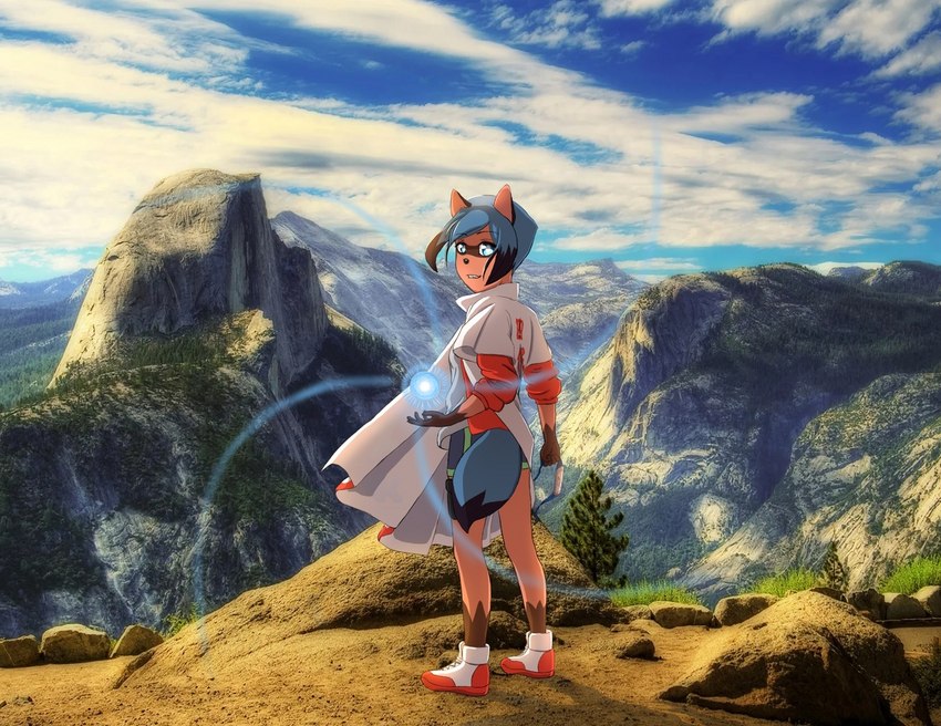 anthro bandanna blue_eyes blue_hair blue_tail bottomwear brown_body brown_fur cape cliffs cloak clothed clothing cloud cosplay crossover_cosplay detailed_background female footwear fur gloves_(marking) gorge grass hachigane hair kerchief leg_markings looking_at_viewer markings mountain multicolored_body multicolored_clothing multicolored_fur multicolored_hair multicolored_tail nature nature_background photo_background plant rasengan rock shoes short_hair short_tail shorts smile sneakers socks_(marking) solo sunset tail technique text topwear tree tuft white_cloak white_clothing format_miller brand_new_animal naruto naruto_shippuden studio_trigger michiru_kagemori canid canine mammal raccoon_dog tanuki crossover digital_drawing_(artwork) digital_media_(artwork) japanese_text photography_(artwork) shaded widescreen