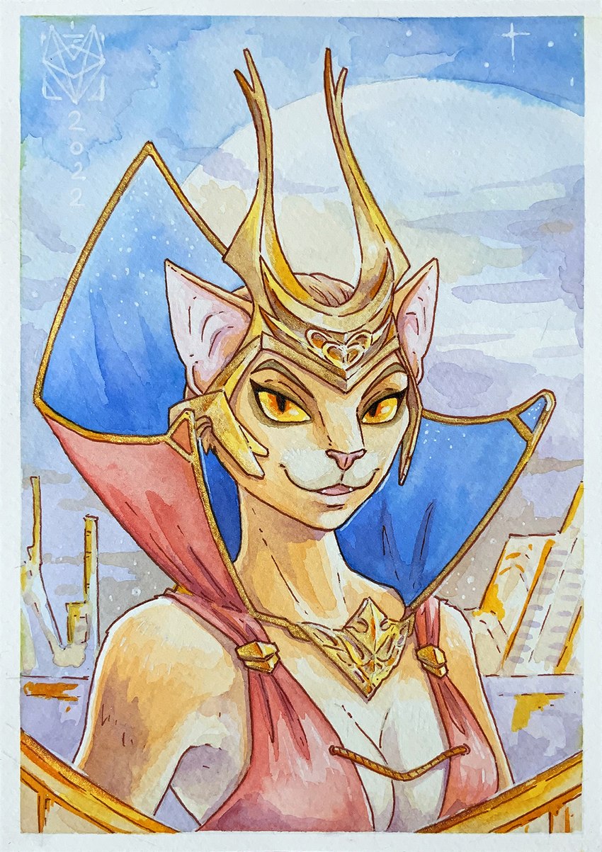 anthro breasts clothed clothing crown dress female headgear looking_at_viewer smile solo standing kitsuneka-san master_of_orion empress_jasana alien felid feline mammal mrrshan hi_res portrait three-quarter_portrait traditional_media_(artwork)
