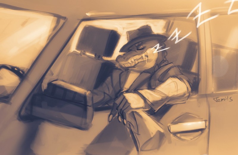 anthro bag bodily_fluids bottle clothed clothing container drooling eyes_closed fully_clothed hat headgear headwear nap napping saliva sleeping solo truck vehicle temils cregon alligator alligatorid crocodile crocodilian reptile scalie 2019