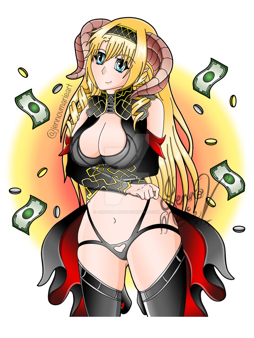 banknote big_breasts black_clothing blonde_hair blue_eyes breasts brown_horn cleavage clothed clothing crossed_arms falling_money female hair horn legwear money skimpy solo thigh_highs jennovmarie sin_nanatsu_no_taizai mammon_(sin_nanatsu_no_taizai) demon demon_humanoid humanoid 2020 3:4 absurd_res digital_drawing_(artwork) digital_media_(artwork) hi_res