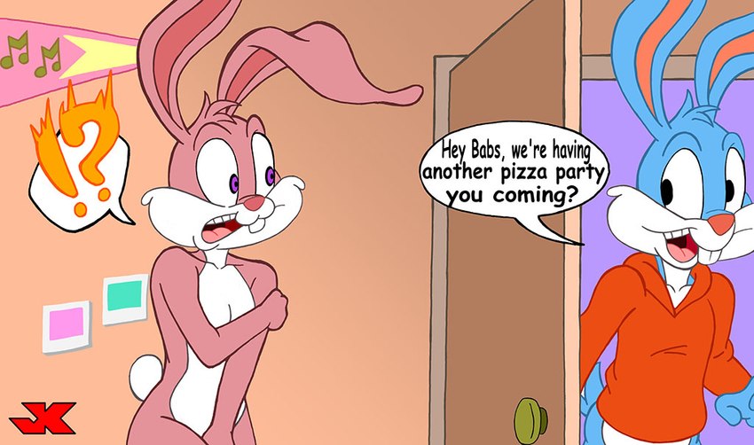 anthro caught duo female male nude nude_female speech_bubble jk tiny_toon_adventures warner_brothers babs_bunny buster_bunny lagomorph leporid mammal rabbit