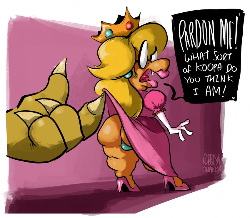 anthro big_butt blonde_hair bulge butt clothed clothing cosplay crossdressing crown dialogue duo ear_piercing ear_ring eyewear footwear hair headgear high_heels lipstick makeup male open_mouth out_of_frame piercing ring_piercing shoes text rubbish_chameleon mario_bros nintendo the_super_mario_bros_movie bowser kamek princess_peach koopa magikoopa mammal scalie artist_name digital_media_(artwork) english_text hi_res signature