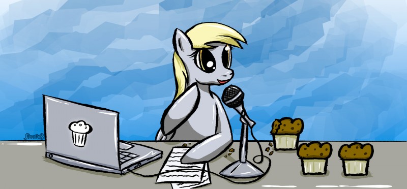 computer electronics feathered_wings feathers female feral food grey_body grey_feathers laptop microphone muffin solo wings freefox friendship_is_magic hasbro my_little_pony mythology derpy_hooves_(mlp) equid equine mammal mythological_creature mythological_equine pegasus hi_res