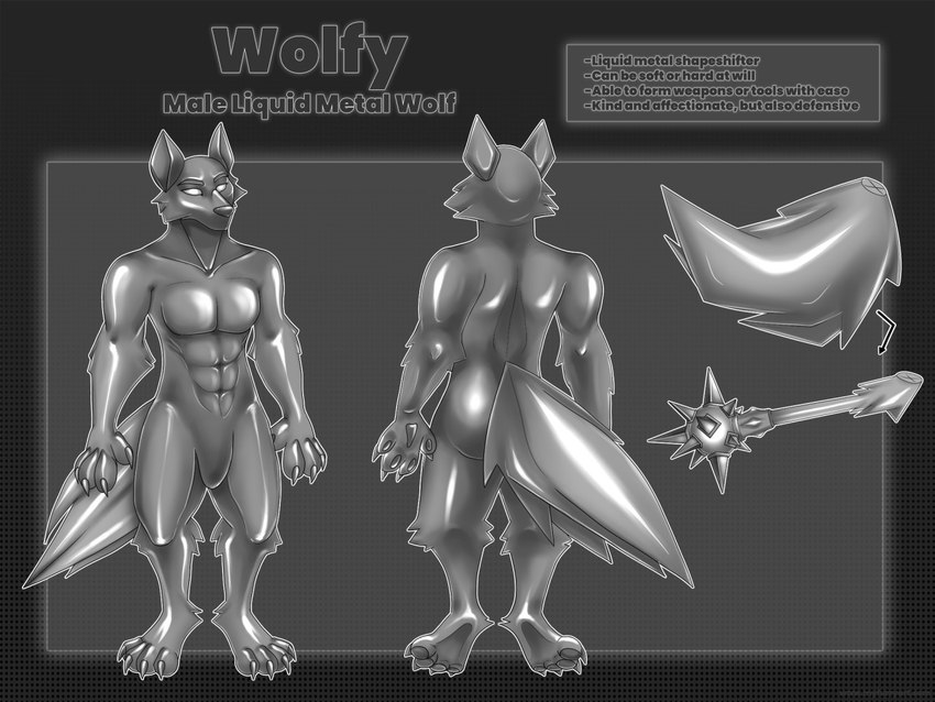 anthro empty_eyes featureless_crotch glistening glistening_body handpaw liquid_metal mace mace_tail male melee_weapon metal metallic_body monotone_body monotone_face monotone_tail mouthless nude paws solo tail text weapon weapon_tail my_furry_art canid canine canis mammal wolf 4:3 english_text greyscale model_sheet monochrome