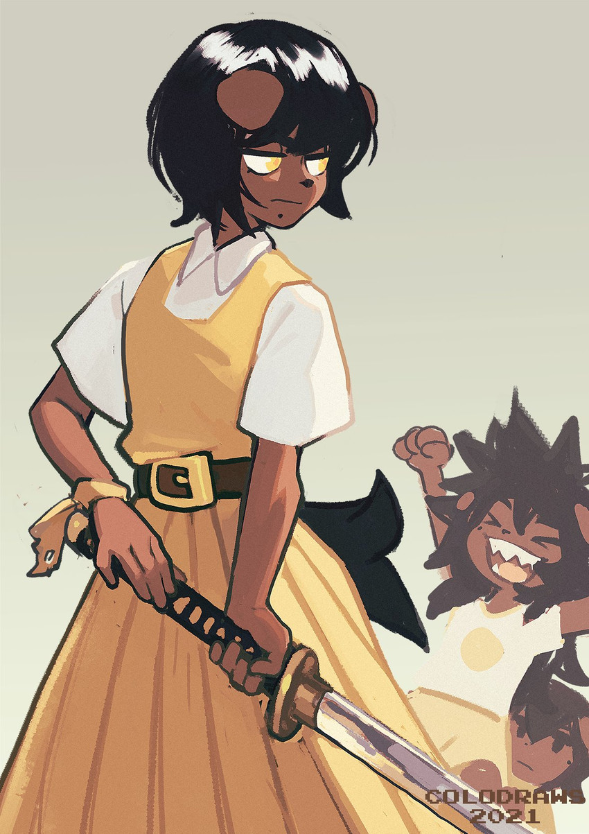 anthro black_hair brown_body brown_fur female fur group hair katana markings melee_weapon mole_(marking) sword weapon young colo emiru_iero satomi_iero canid canine canis domestic_dog mammal 2021 hi_res sibling_(lore) sister_(lore) sisters_(lore)