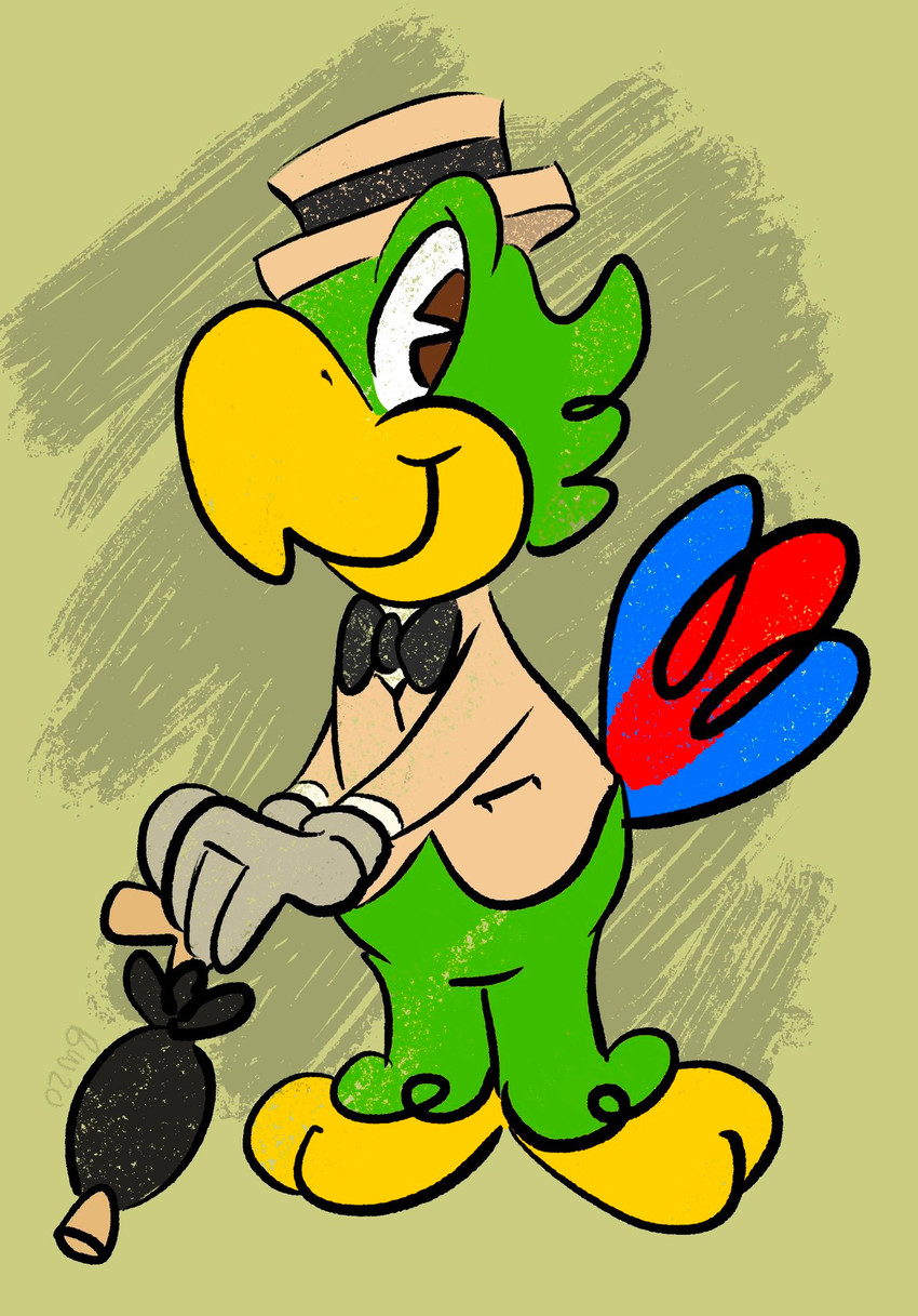 anthro beak bottomless bow_tie brown_eyes clothed clothing feathers gloves green_background green_body green_feathers grey_clothing grey_gloves grey_handwear handwear hat headgear headwear male pork_pie_hat simple_background smile solo standing umbrella yellow_beak zipadeelady disney the_three_caballeros jose_carioca avian bird parrot 2020 hi_res