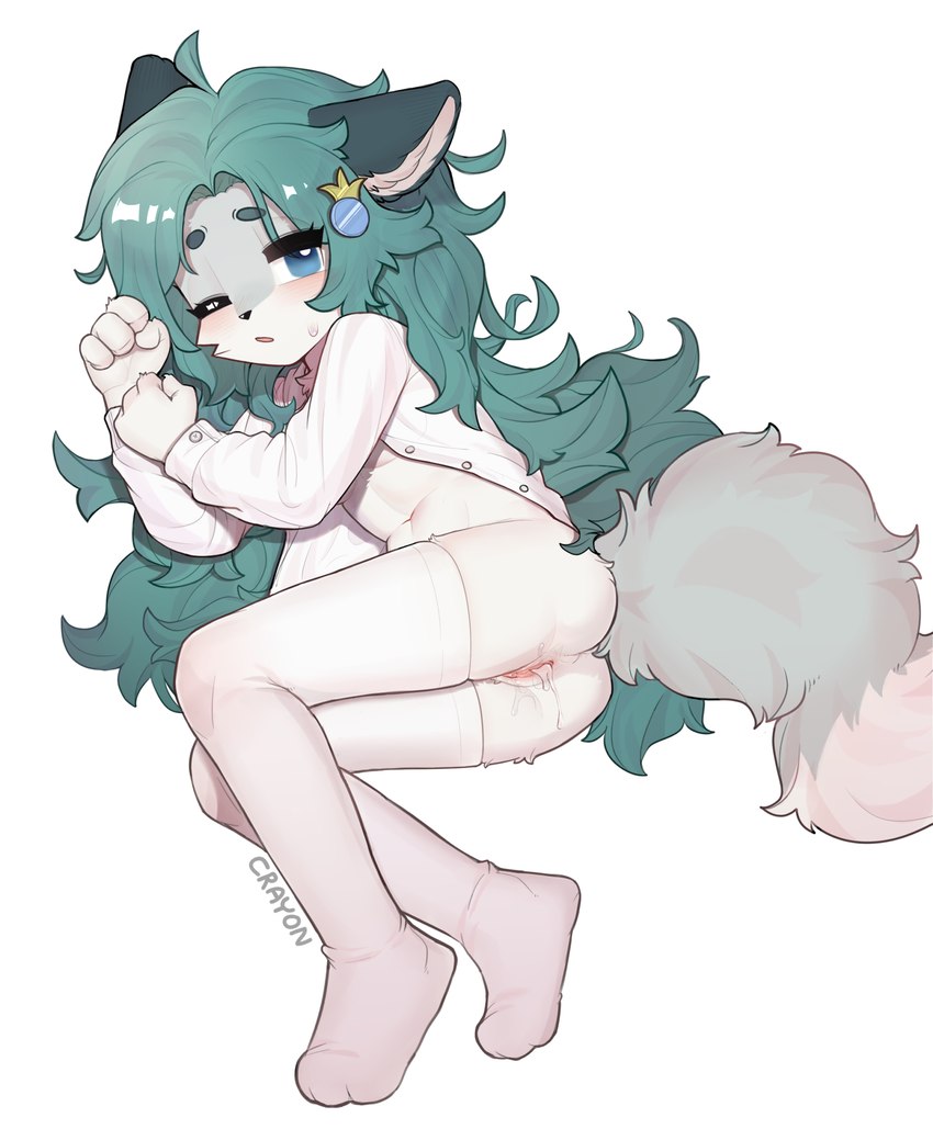 adolescent after_sex after_vaginal ambiguous_fluids anthro bodily_fluids butt clothed clothing cum cum_in_pussy cum_inside feet female footwear fur genital_fluids genitals green_hair hair kemono legwear loli long_hair looking_at_viewer lying on_side one_eye_closed open_clothing open_shirt open_topwear pantyhose paws pussy shirt simple_background socks solo tail thigh_highs thigh_socks toes topwear white_background young young_anthro young_female crayon_(artist) mischa_(im_m0rd3kai) canid canine fox grey_fox mammal urocyon absurd_res digital_media_(artwork) hi_res