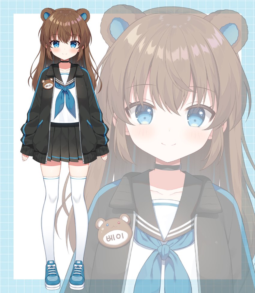 absolute_territory asian_clothing blowup_background blue_eyes bottomwear brown_hair clothed clothing east_asian_clothing female footwear hair jacket japanese_clothing japanese_school_uniform legwear looking_at_viewer school_uniform serafuku shoes simple_background skirt smile sneakers solo thigh_highs topwear uniform mauve_(artist) animal_humanoid bear humanoid mammal mammal_humanoid ursid_humanoid 2023