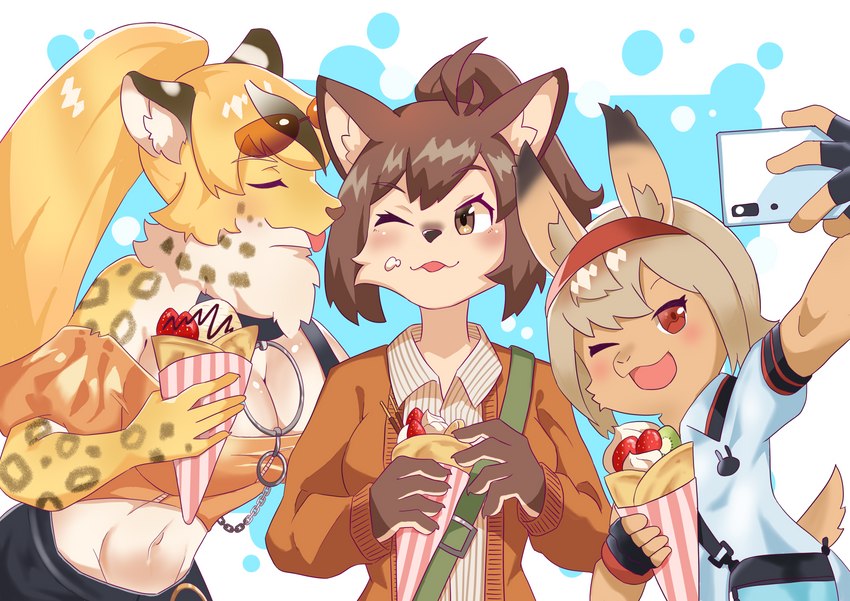 alternative_fashion amekaji anthro blonde_hair breasts brown_body brown_fur cellphone cream_(food) crepe eating electronics female female/female fur group gyaru hair j-fashion kemono phone ponytail selfie smartphone trio tsuyome karakusa.p lifewonders live_a_hero cat_operator kirsch_(live_a_hero) maculata protagonist_(live_a_hero) cheetah domestic_cat felid feline felis lagomorph leporid mammal rabbit absurd_res hi_res