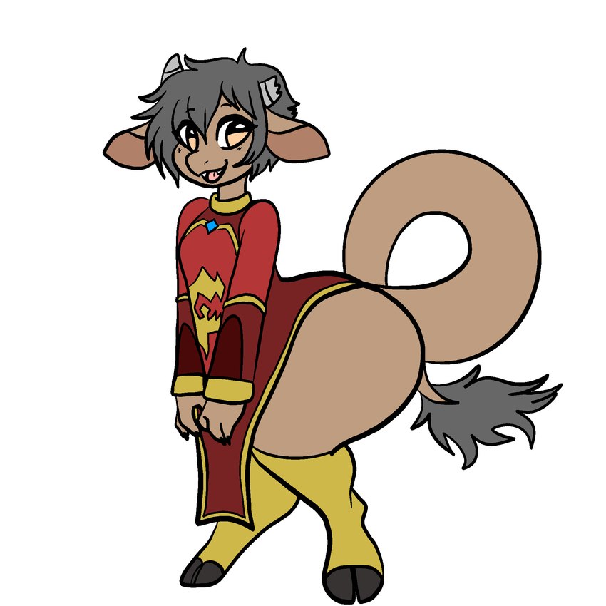 anthro big_tail biped blush broken_horn brown_body brown_fur claws clothed clothing female flat_chested fur gold_legwear grey_hair grey_horn hair hooves horn legwear looking_at_viewer open_mouth orange_eyes red_clothing red_robe robe simple_background solo stockings tail teeth thick_thighs tongue white_background wide_hips manitka manitka_storm bovid bovine cattle mammal 1:1 2024 digital_media_(artwork) hi_res