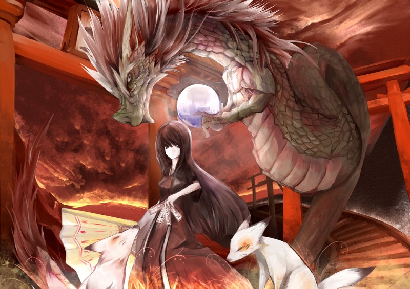 ball black_body black_fur black_hair dipstick_tail duo_focus eyes_closed female feral fur green_body green_scales grey_hair group hair hand_fan horn looking_at_viewer markings mountain multicolored_tail ofuda outside scales sky standing tail tail_markings talisman torii white_body white_fur white_scales salz asian_mythology east_asian_mythology mythology canid canine dragon eastern_dragon fox human mammal mythological_creature mythological_scalie scalie digital_media_(artwork)