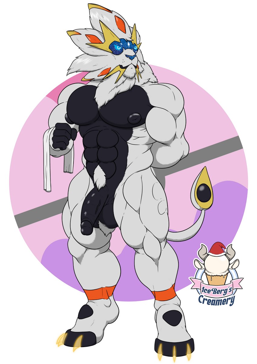 abs anthro balls big_pecs erection fur genitals hand_behind_back male mane muscular muscular_anthro muscular_male nipples nude pecs pubes solo standing towel waiter white_body 1ceberg nintendo pokemon felid generation_7_pokemon legendary_pokemon mammal pokemon_(species) solgaleo absurd_res hi_res