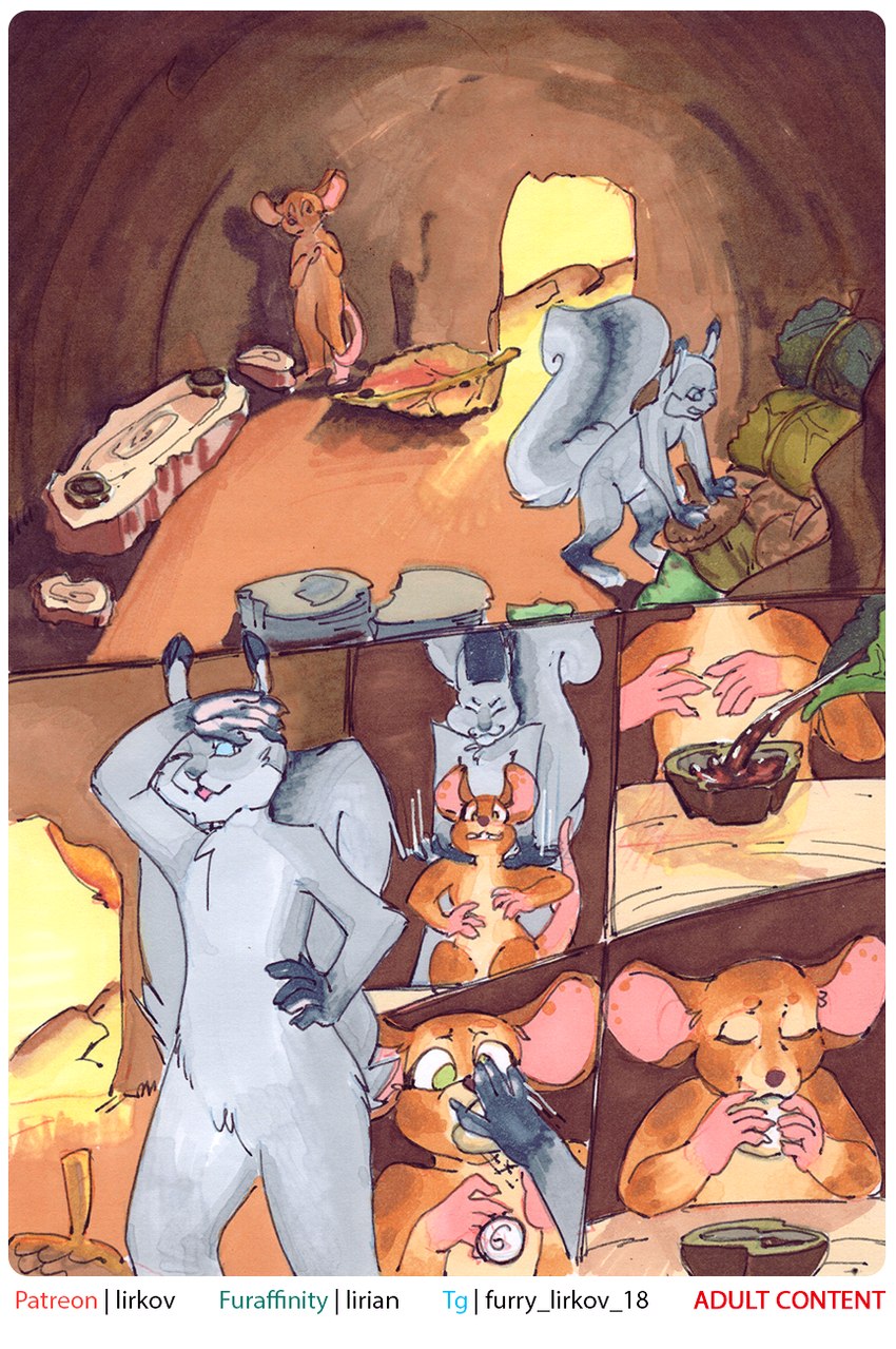 anthro brown_body brown_fur casual_nudity duo female food force_feeding forced fur grey_body grey_fur leaf male nude lirkov mammal mouse murid murine rodent sciurid tree_squirrel comic hi_res marker_(artwork) traditional_media_(artwork)