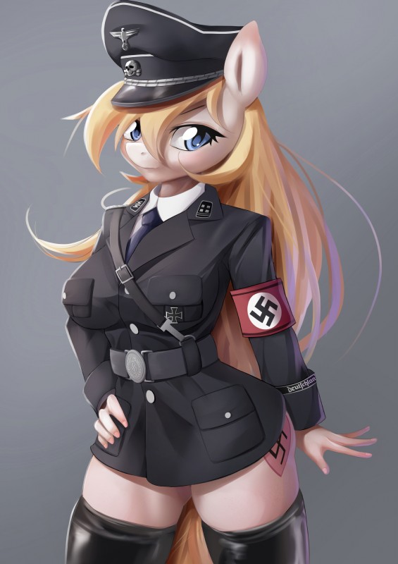 absolute_territory anthro armband belt big_breasts blonde_hair blue_eyes bone boots breasts clothed clothing cross cutie_mark female footwear grey_background hair hand_on_hip hat headgear headwear iron_cross legwear long_hair nazi nazi_armband pale_skin pose schutzstaffel shoes simple_background skull solo ss_insignia swastika text thigh_highs totenkopf uniform aryanne hasbro my_little_pony aryanne_(character) fan_character equid equine horse mammal pony absurd_res german_text hi_res